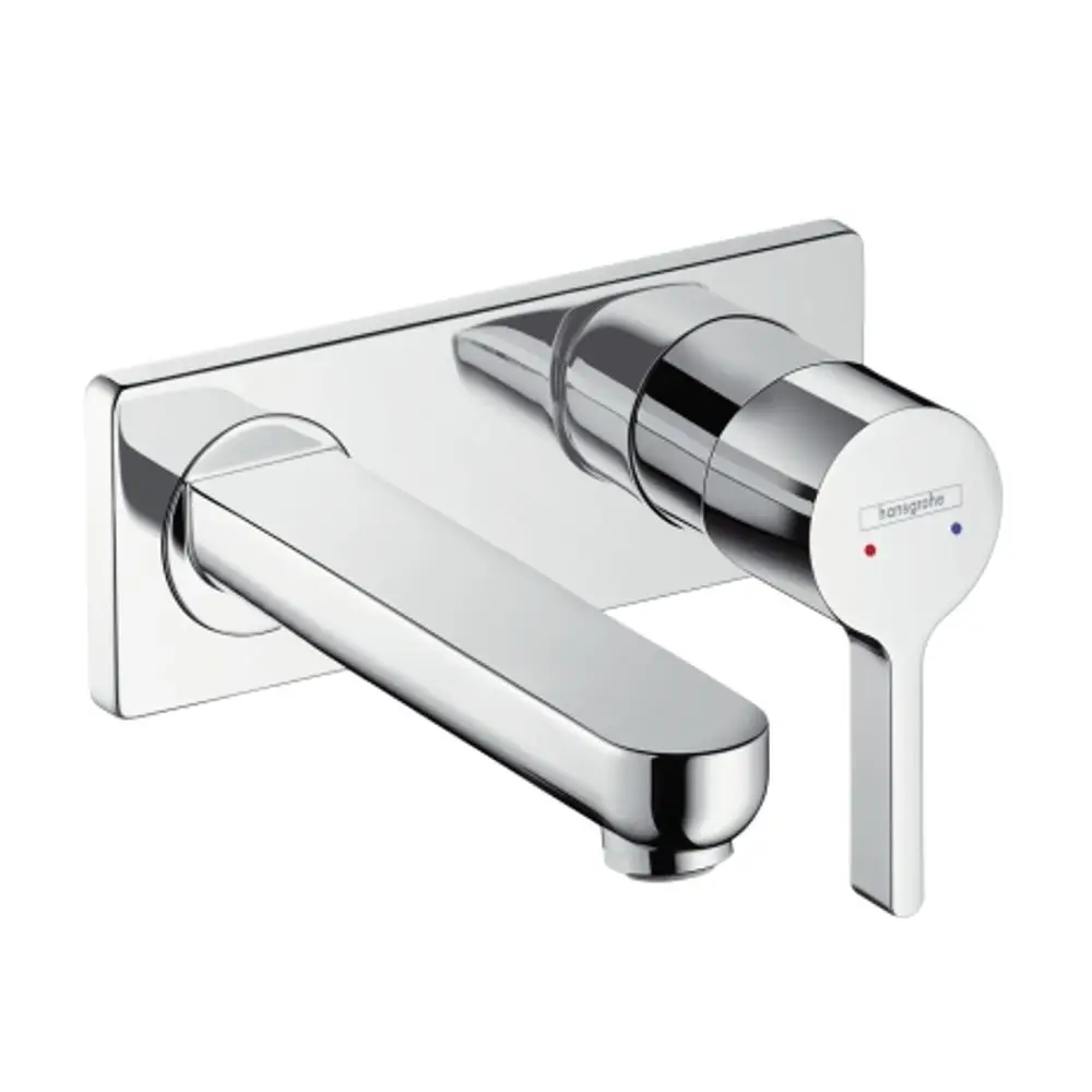 Einhebel-Waschtischmischer von Hansgrohe für die Wandmontage mit einem verchromten Auslauf und Hebel zur Steuerung von Wasser und Temperatur.